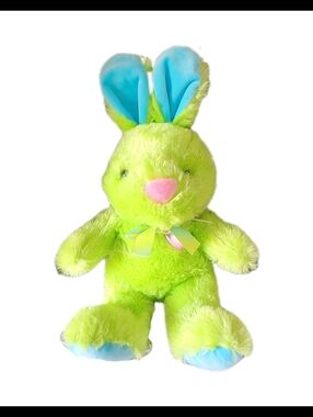 Plush Green Bunny Stuffed Animal with Blue-Eared Accent - Kids Toys